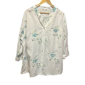 Shanghai Red Women Tunic Top 3X White Embroidered Floral‎ Linen Boho Cottagecore